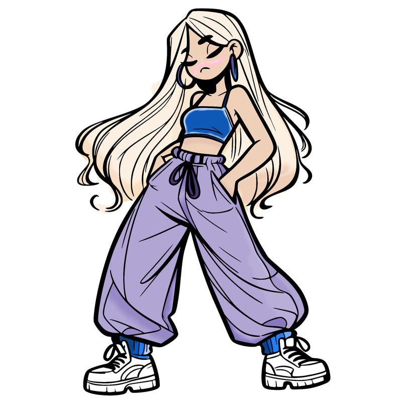 girl in baggy pants crop top and long hair