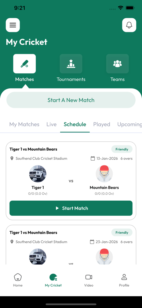 CricPR - Digital Cricket Hub - Interface de l'application CricPR affichant les matchs de cricket programmés et les fonctionnalités de gestion d'équipe.