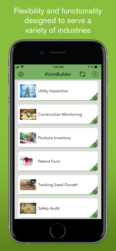 iForm mobile app interface listing various industry form templates like utility inspection and safety audit