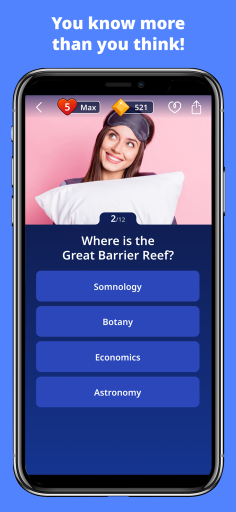 A trivia question screen in the Zen Quiz app featuring a relaxing design and a woman with a sleep mask
