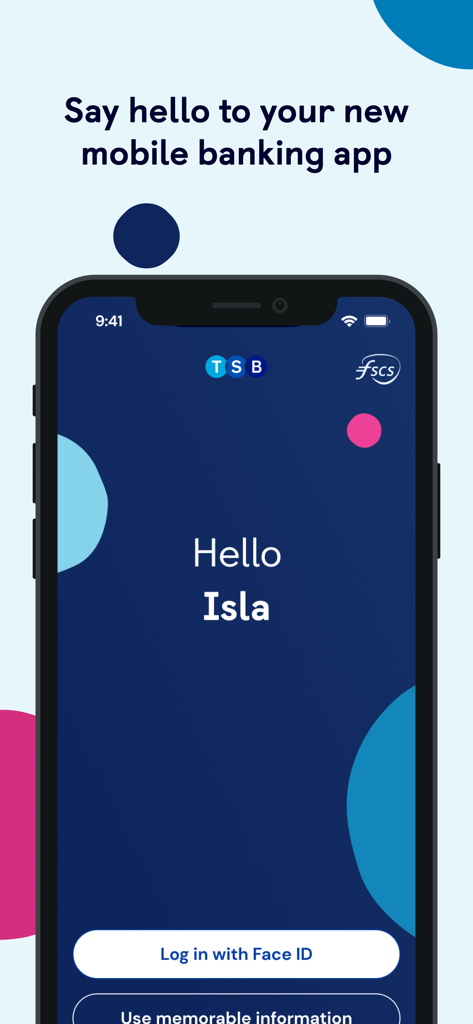 TSB Mobile Banking - Willkommensbildschirm der TSB Mobile Banking App mit einer persönlichen Begrüßung und einem Login-Button für Face ID