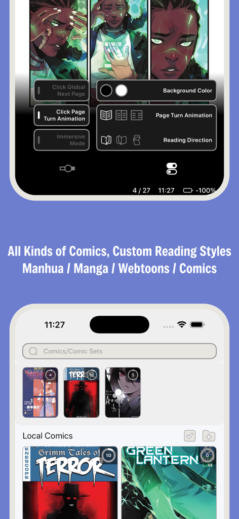 MMReader – AI Comic&Manga - MMReader app interface displaying custom reading settings and a local comic library