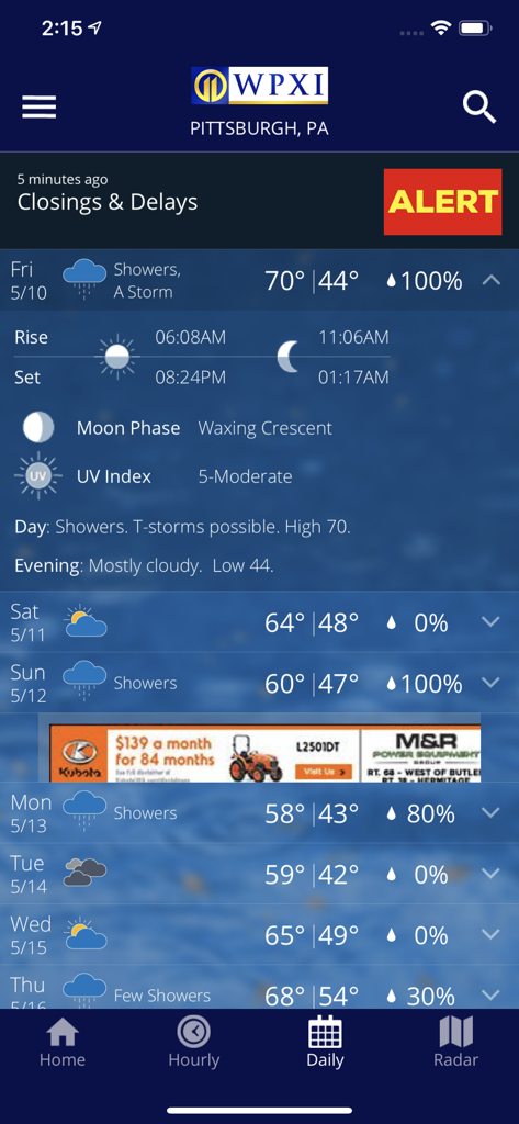 WPXI Severe Weather Team 11 - WPXI weather app interface showing daily forecast details including moon phases and weather alerts for Pittsburgh