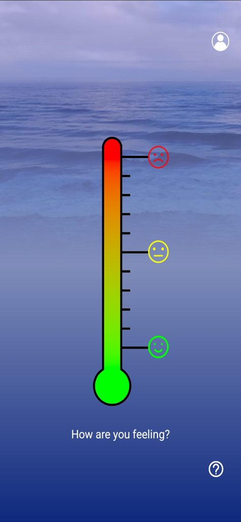 Neuro580 app interface featuring a mood tracking thermometer with sad, neutral, and happy face icons over an ocean background.
