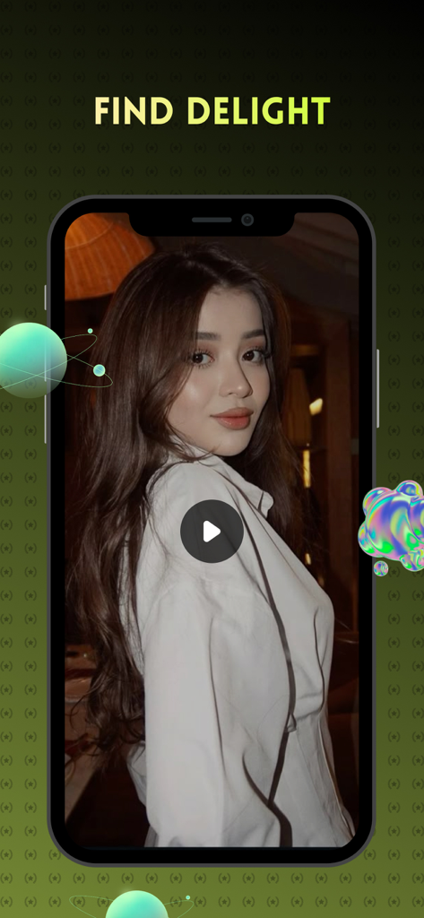 Smartphone screen displaying the Yomo lifestyle app with the text Find Delight and a woman portrait
