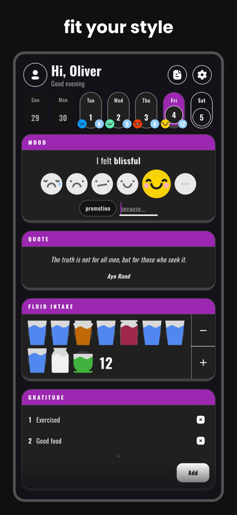 Gratsy - Self-Care, Your Way - Smartphone screenshot of the Gratsy app dashboard featuring mood tracking, daily quotes, water intake, and gratitude lists
