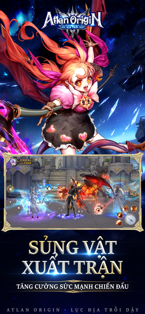 Atlan Origin: Lục Địa Trỗi Dậy - Atlan Origin MMORPG gameplay showcasing pet system and anime character art