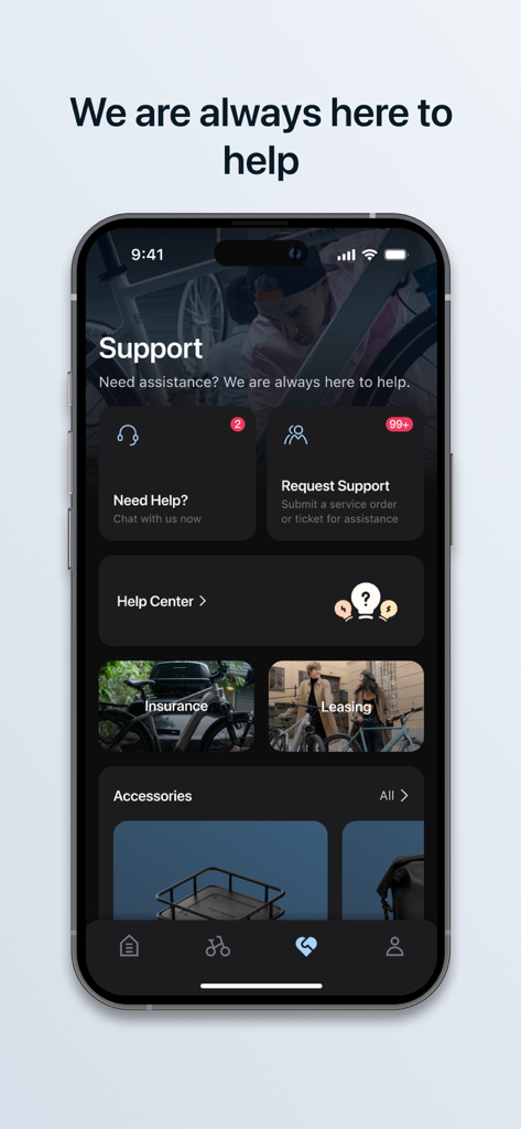 Tenways - Tenways E-Bike App-Support-Bildschirm mit Hilfe-Center und Chat-Optionen