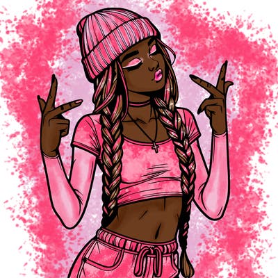 realistic teenage girl with braids and a beanie and crop top doing 🫶🏼