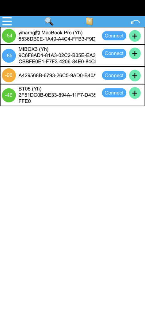 BLE tools with terminal - Una lista de dispositivos Bluetooth descubiertos con niveles de intensidad de señal en la aplicación de herramientas BLE