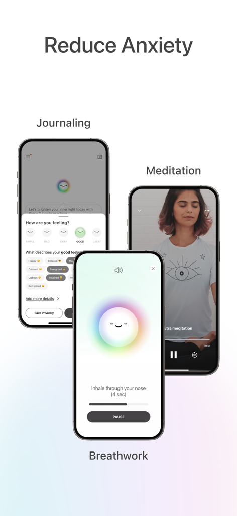 Sol - Grow Your Inner Light - Three smartphone screens showing Sol app tools for journaling meditation and breathwork to reduce anxiety