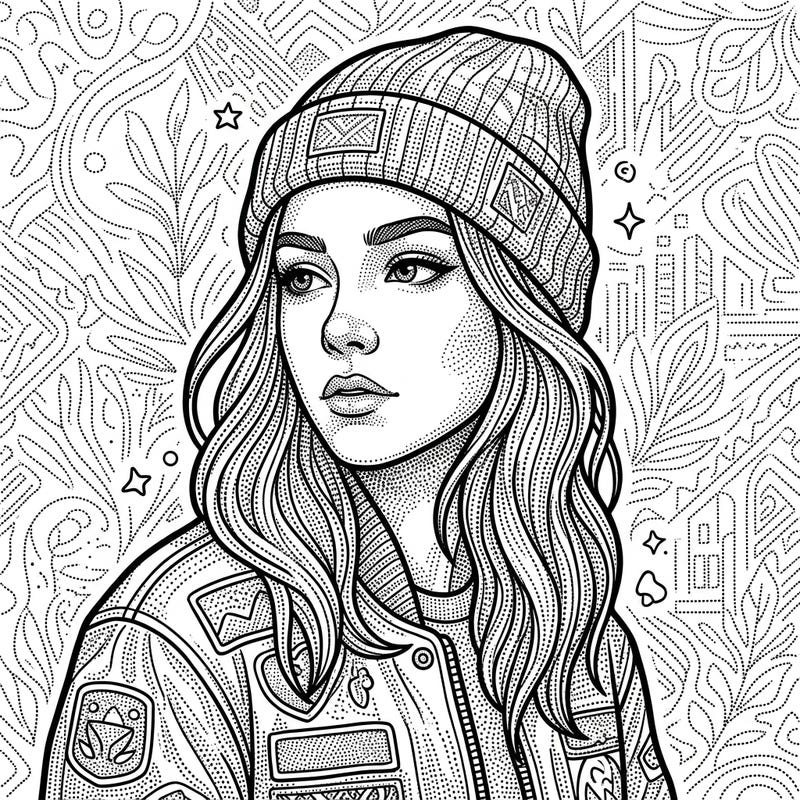 This intricate dot work portrait coloring page features a stylish young woman, perfect for teens who love detailed and trendy art. Dive into the world of creative expression and bring this unique design to life with your favorite colors.