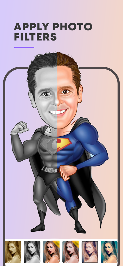 Face Caricature -Cartoon Photo - Uma caricatura em tela dividida de um homem em um traje de super-herói demonstrando filtros de fotos em preto e branco e coloridos.