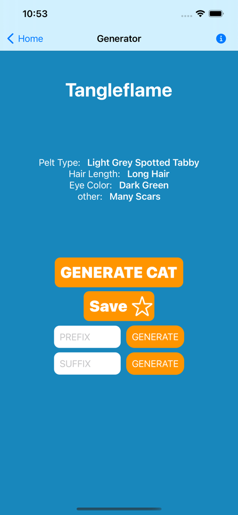 Clan Cat Generator - Interface do aplicativo Gerador de Gatos de Clã mostrando um personagem gerado chamado Tangleflame com características de pelagem e físicas específicas.