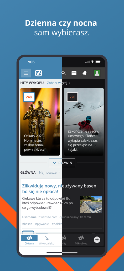 Wykop - Screenshot dell'app Wykop che mostra un confronto tra le sue interfacce utente in modalità chiara e scura con vari articoli di notizie e categorie.