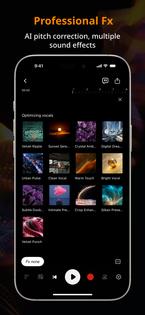 Vocal Remover Editor: MusicLab - MusicLab app interface showcasing professional AI vocal effects and pitch correction presets.