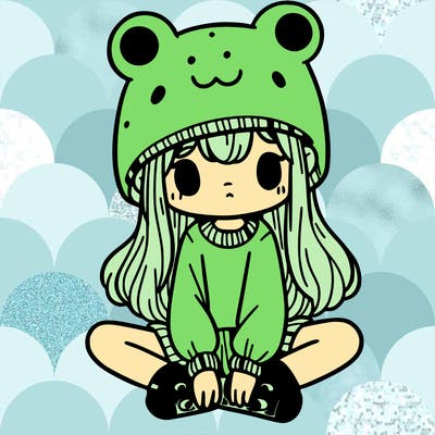 a girl wearing a frog hat and some frog socks
