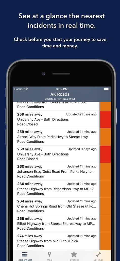 Alaska State Roads - A list of real-time road incidents and closures in the Alaska State Roads app with color-coded severity indicators