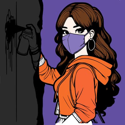 realistic girl with mask spray painting a wall