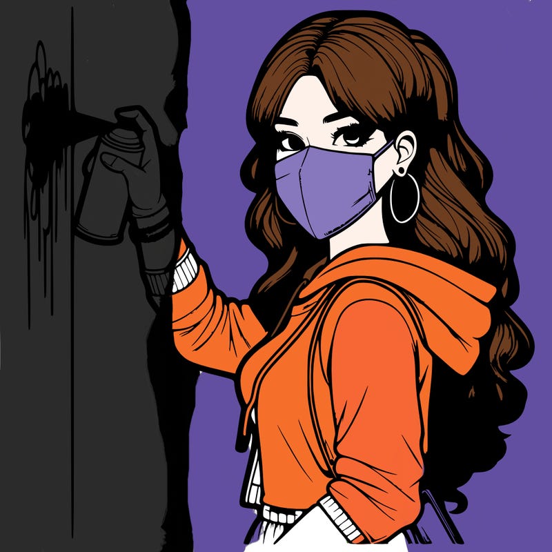 realistic girl with mask spray painting a wall