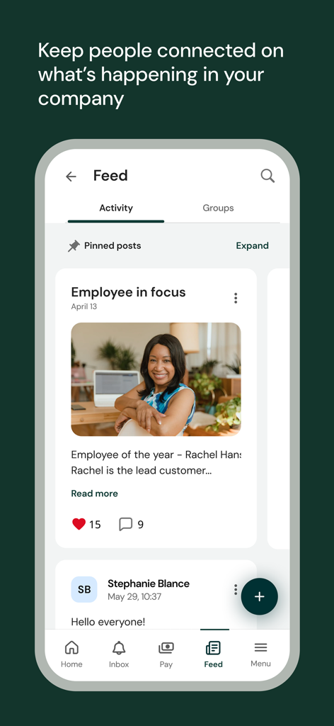UKG Pro mobile app Feed screen displaying a company announcement and employee spotlight