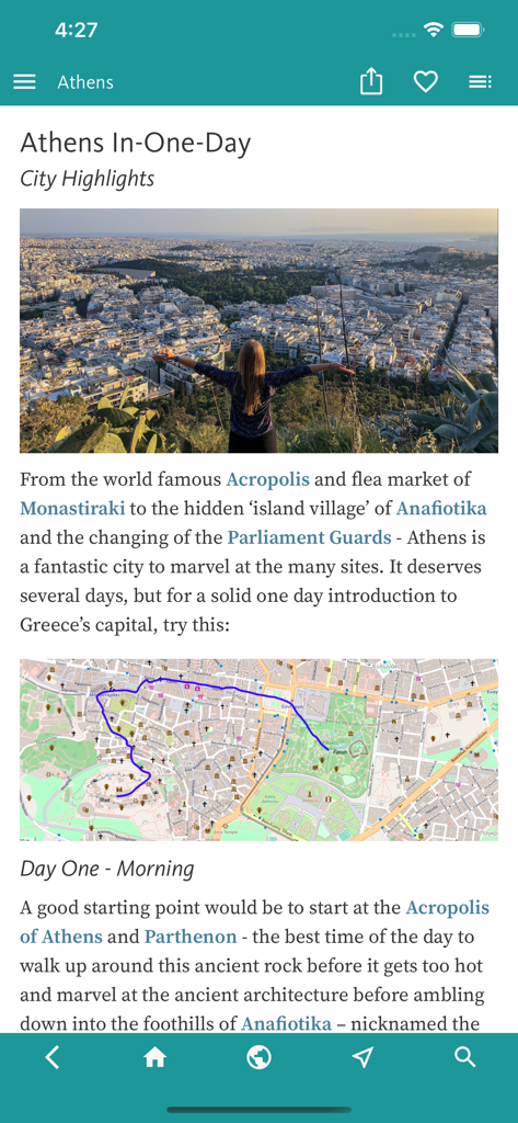 Athens’ Best: Travel Guide - Athens Best travel guide app showing a one-day itinerary with city highlights and an offline map