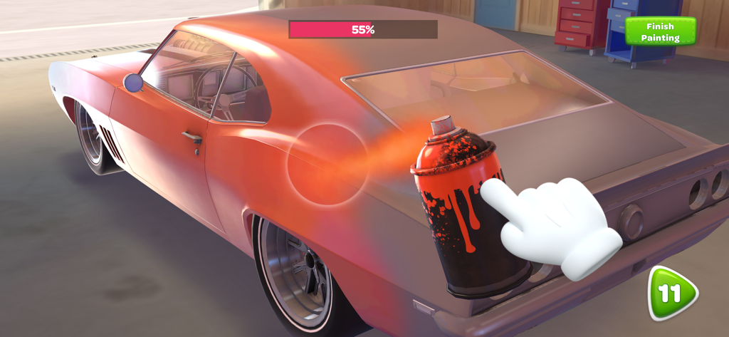 Car Mechanic - Restore Cars - A user spray painting a classic red muscle car in a garage during a restoration project