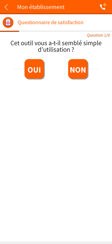 Écran de sondage de satisfaction de l'application MonICO avec des boutons oui et non.