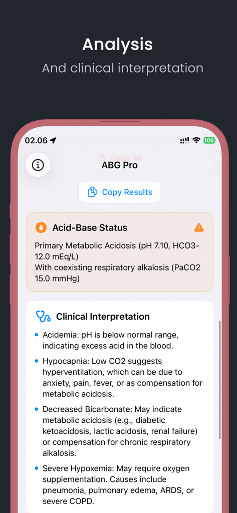 ABG Pro Acid Base Calculator - ABG Pro app displaying acid base status analysis and clinical interpretation results