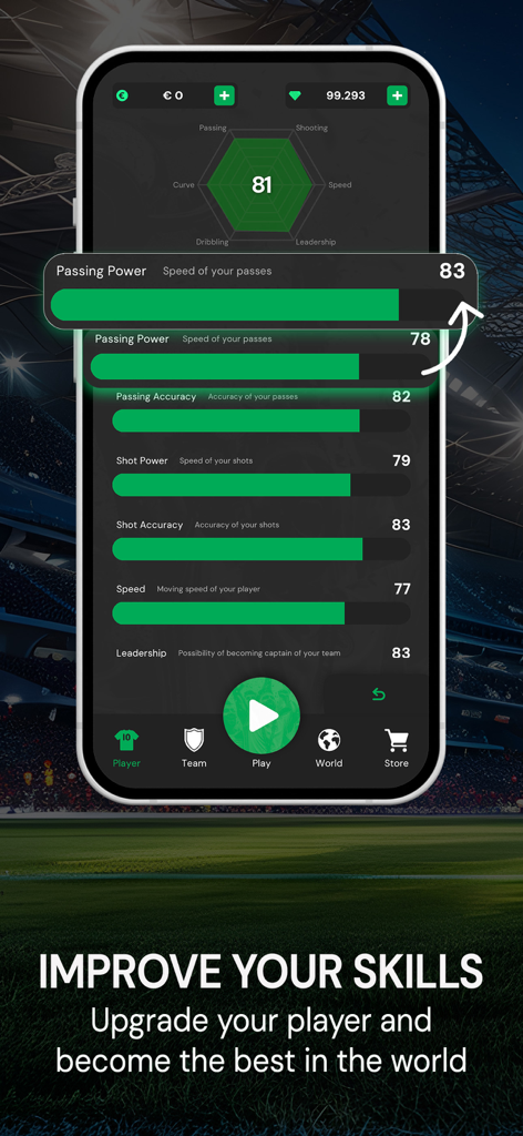 Interfaz de juego móvil que muestra atributos del jugador como potencia de pase y precisión de tiro para mejoras de habilidad en Club Legend Football Game.