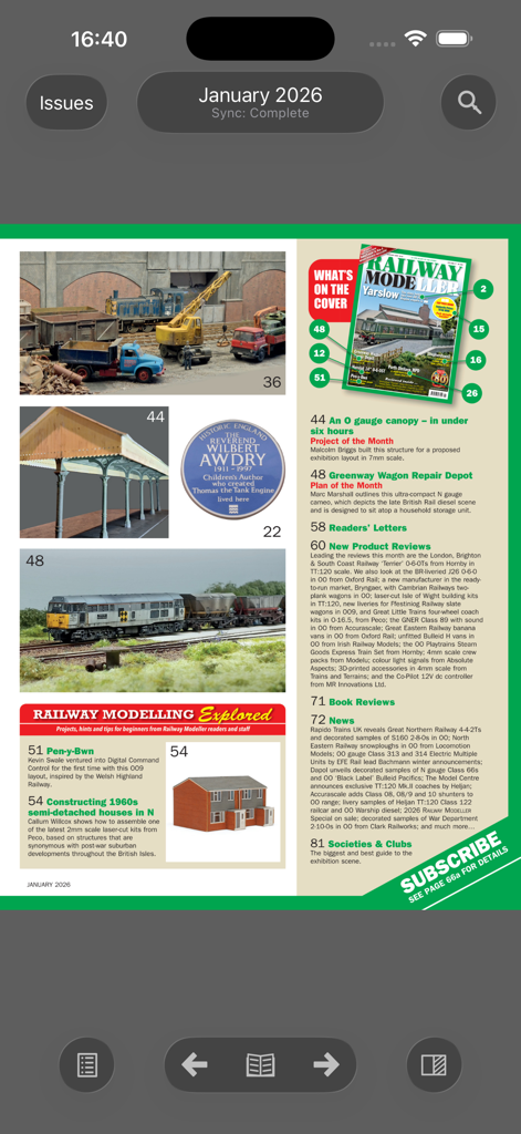 Railway Modeller - Sumário no aplicativo Railway Modeller mostrando artigos sobre layouts e projetos de ferrovias modelo
