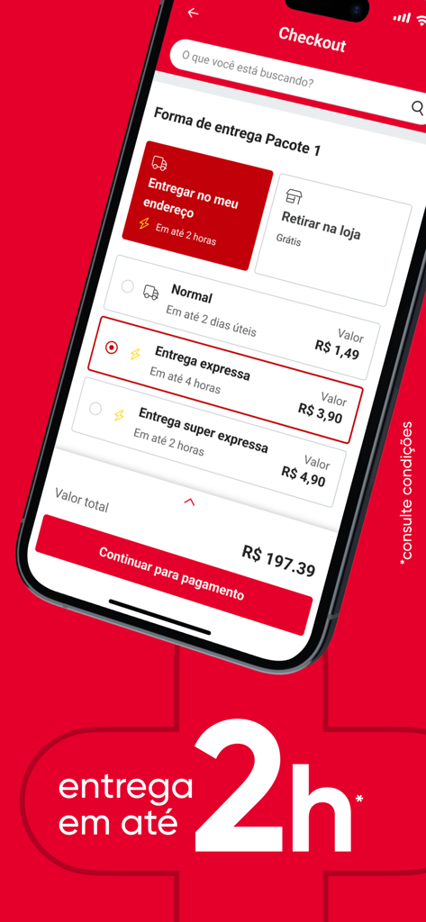 Drogarias Pacheco app checkout screen showing delivery options and super express 2 hour delivery