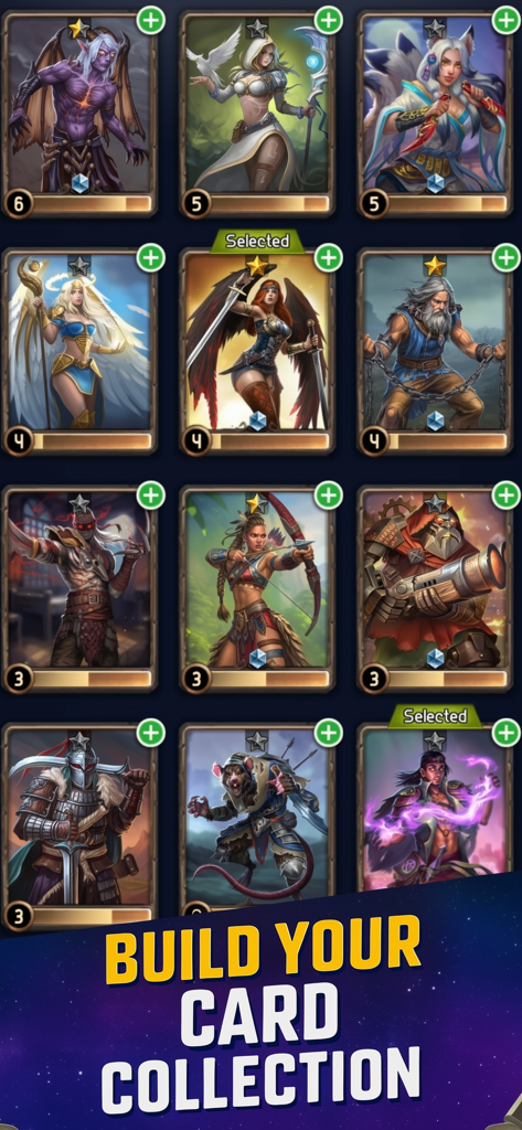 Card Heroes: CCG Magic Arena - Una cuadrícula de diversas cartas de héroe de fantasía en el menú de colección de cartas de Card Heroes