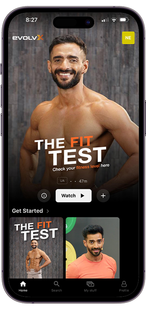 EvolvX Fitness - Pantalla de inicio de la app EvolvX Fitness con el video de evaluación de movimiento The Fit Test.