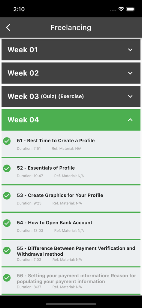 DigiSkills LMS - DigiSkills LMS app screen showing the freelancing course curriculum and weekly lesson progress