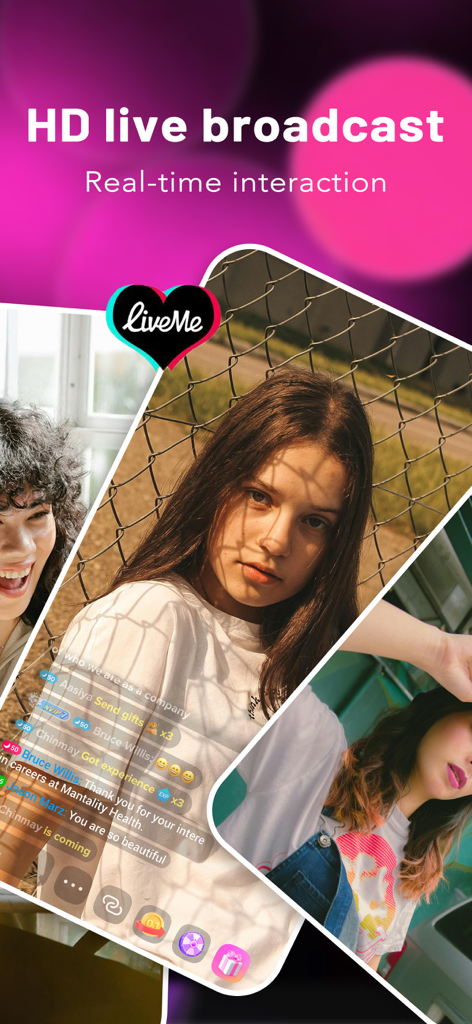 Screenshot of LiveMe app featuring HD live broadcast and real-time interaction with creators