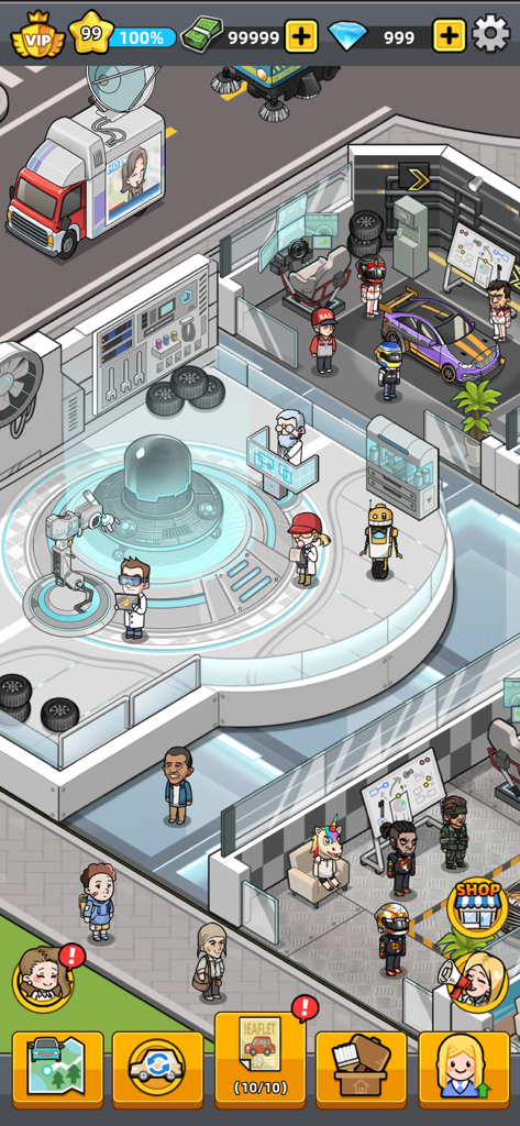 Used Car Tycoon Games - A high-tech car research and development lab in the Used Car Tycoon Games mobile app showing staff and futuristic machinery