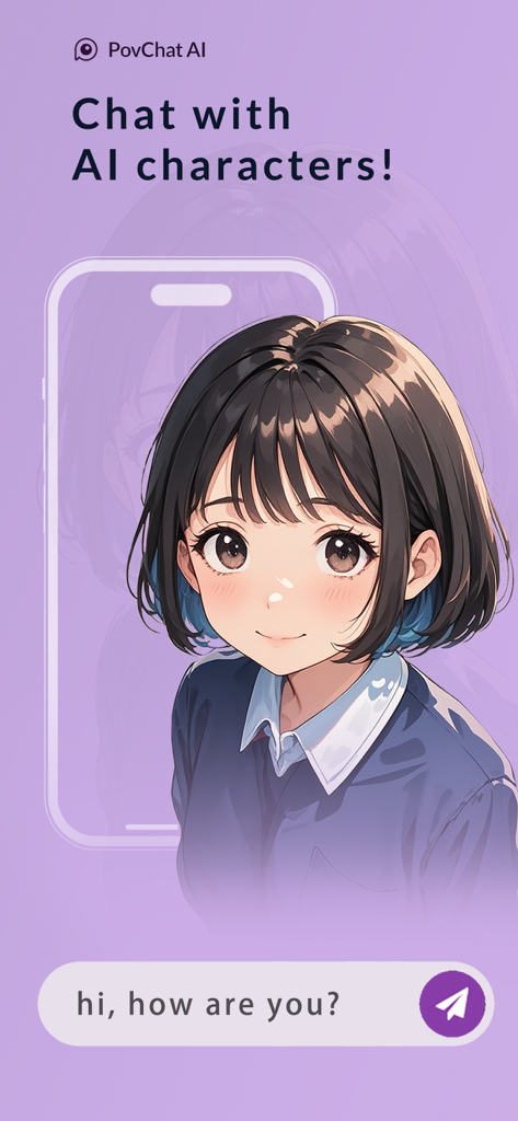 PovChat: AI characters to chat - Anime style AI character in the PovChat mobile app interface