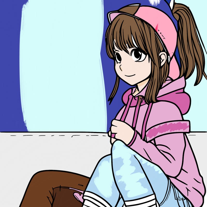 manga girl with hoodie, jean shorts and has a bunny mask on