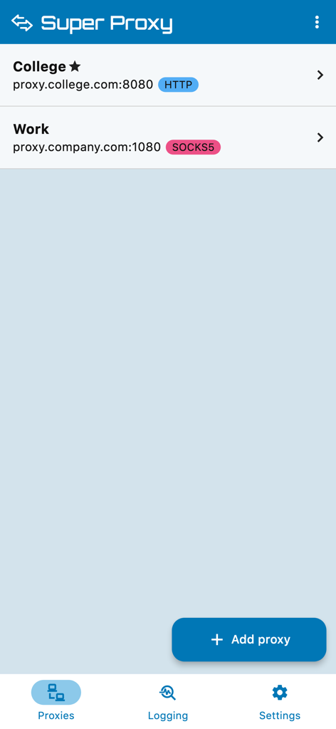 Super Proxy app home screen showing a list of configured HTTP and SOCKS5 proxies for college and work.