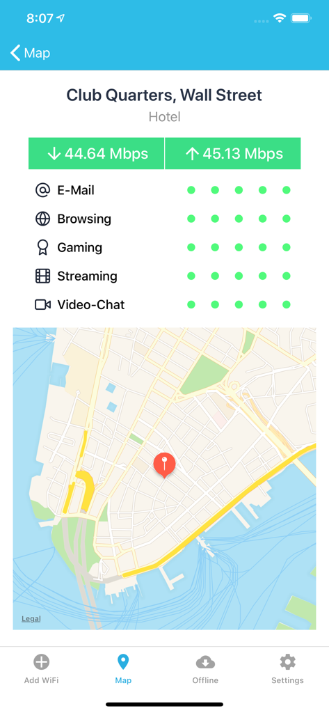 WiFi Finder app screen showing high-speed internet details and map location for a hotel
