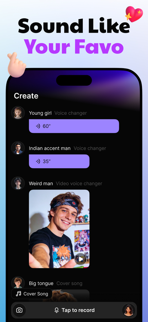 VoiceWave-Change Your Voice - Mobile interface of the VoiceWave app displaying different voice transformation filters and a video creation tool