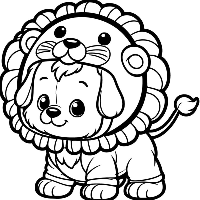 puppy wearing a lion suit