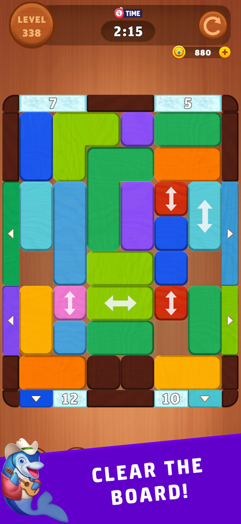 Wood Block Jam Master - A gameplay screen of Wood Block Jam Master showing a colorful sliding block puzzle with a wooden background and a cartoon character.
