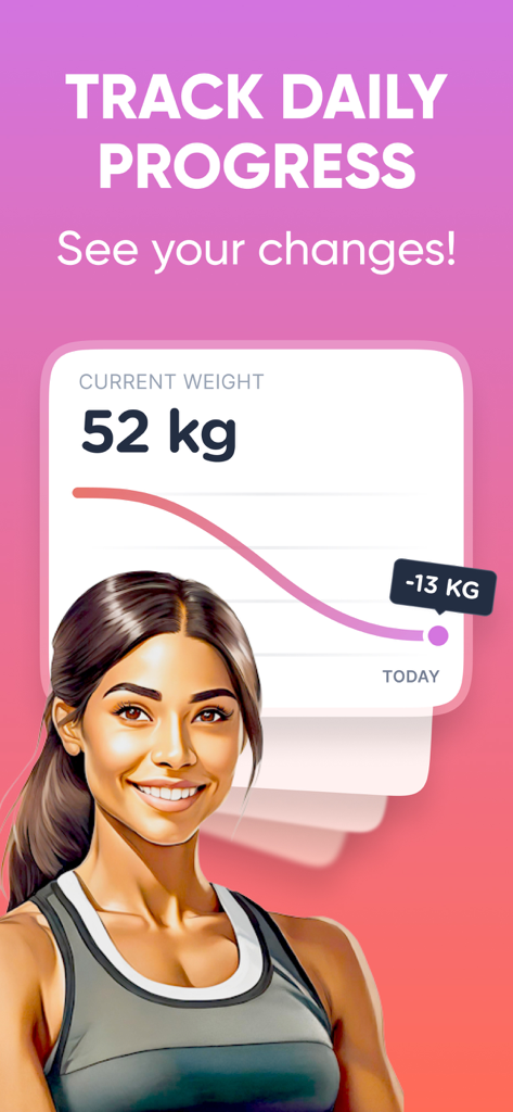 EasyFit - Lazy Workout at Home - Pantalla de seguimiento de peso de la aplicación EasyFit que muestra un gráfico de pérdida de peso y una mujer sonriendo.