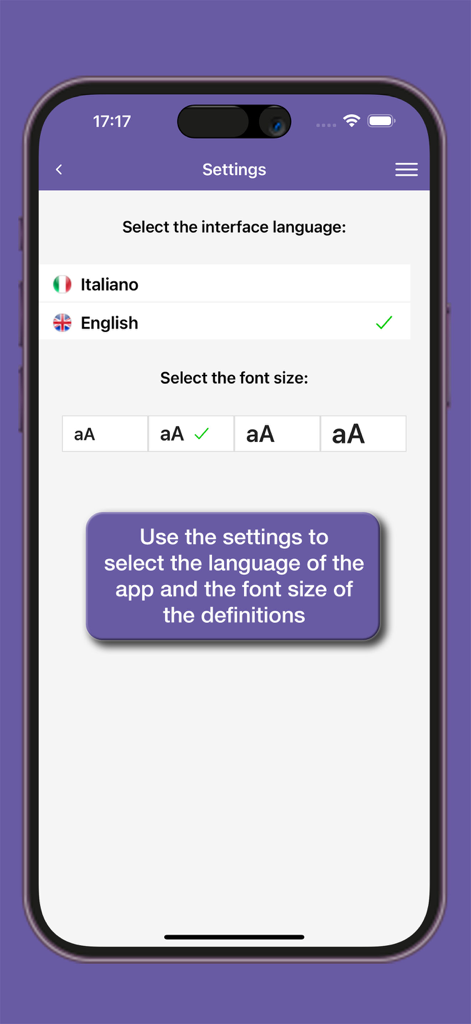 Settings screen of the le Garzantine Medioevo app showing interface language selection for Italian or English and font size adjustments