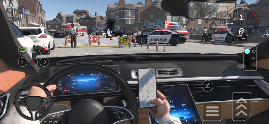 Car Driving 2026 : School Game - Vista interior en primera persona de un simulador de conducción con un tablero digital y tráfico en la ciudad