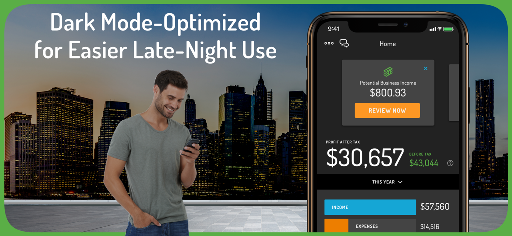 Hurdlr Mileage, Expenses & Tax - Hurdlr App-Oberfläche, optimiert für den Dunkelmodus, zeigt Geschäftseinnahmen und -ausgaben bei Nacht