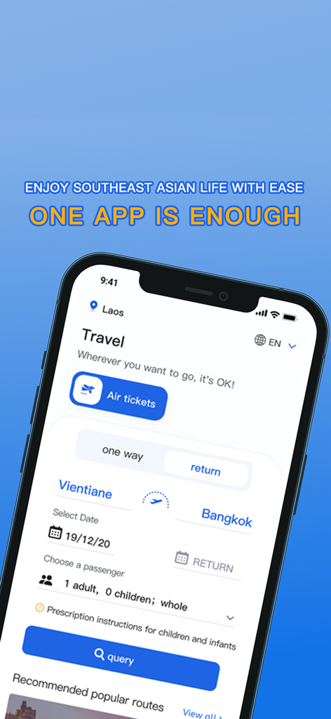 Bawanli app interface for booking flights between Vientiane and Bangkok