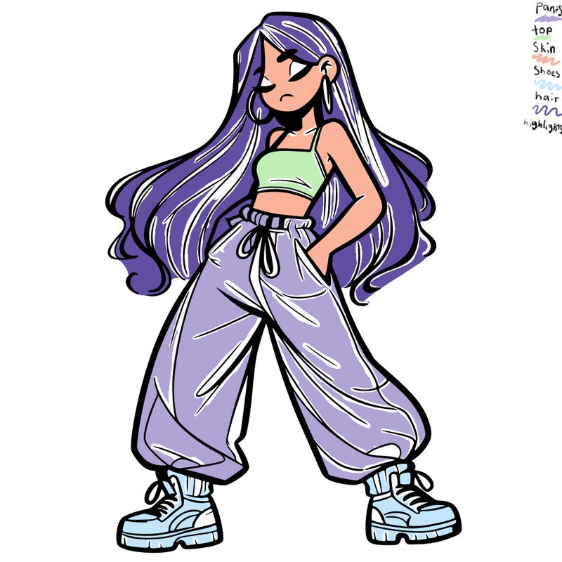 girl in baggy pants crop top and long hair